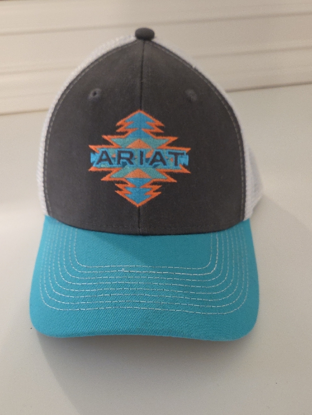 Ariat Gray & Turquoise Mesh Trucker Hat with Orange Embroidery